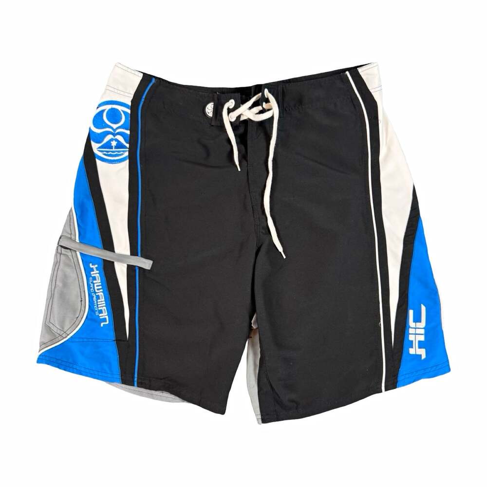 HIC Men’s Colorblock Board Shorts Black Blue Gray White Drawstring Pockets 34
